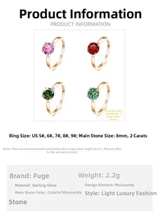 Detaillierte Größentabelle für 2-Karat-Moissanit-Ring mit US-Größen 5-9 und Materialinfos