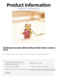 Detalle de colgante de moissanita rosa de 1ct con certificado GRA en cadena de plata 925
