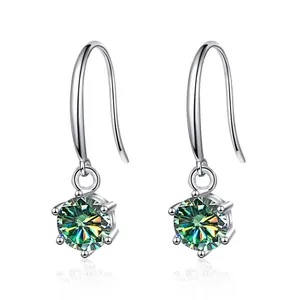 S925 sterling silver earrings with six-prong set round green moissanite stones