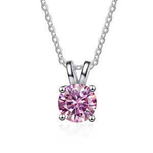 Classic S925 silver necklace featuring a round pink moissanite pendant in 4-prong setting