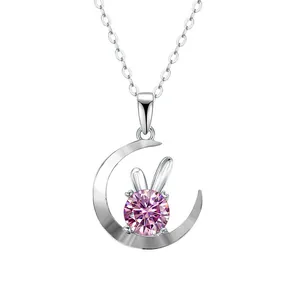 Klassische S925 Silberkette mit Mondsichel-Hasen-Anhänger und pinkfarbenem Moissanit-Stein