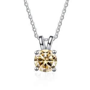 S925 silver necklace with sparkling champagne round moissanite in classic four-prong setting