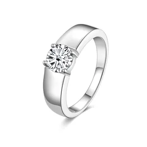 S925 sterling silver ring for men with brilliant round moissanite in four-prong setting