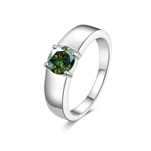 S925 sterling silver ring featuring a round green moissanite in a four-prong setting