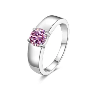 S925 sterling silver ring with a pink round-cut moissanite stone in four-prong setting