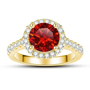 Elegant 1-carat round red ruby ring with halo diamond setting in gold plated silver