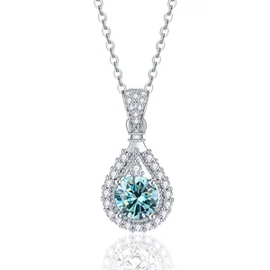Collana classica in argento sterling S925 con pendente a goccia e moissanite blu