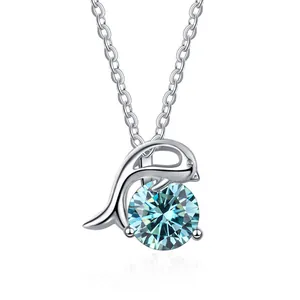 S925 silver dolphin pendant necklace with light blue moissanite and O-chain for women