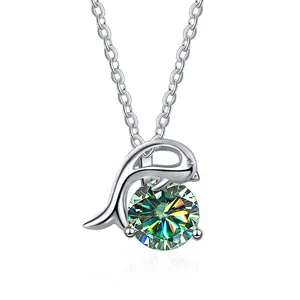 Elegant dolphin pendant necklace with vibrant green moissanite in S925 sterling silver