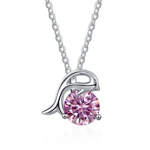 S925 sterling silver dolphin pendant necklace with round pink moissanite stone