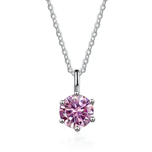 Round Moissanite Pendant Necklace For Women 925 Sterling Silver Six Prong Solitaire Elegant Classic Jewelry Wedding Gift