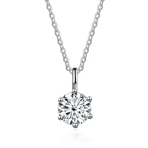 Detailed close-up of a classic six-prong moissanite pendant with a silver chain