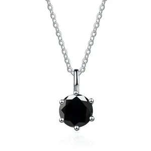 Detailed view of 6-prong classic necklace featuring a round-cut black moissanite pendant