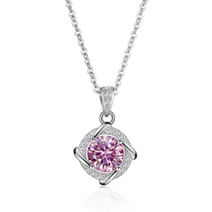 Classic sterling silver necklace with a square hollow pendant and pink moissanite stone