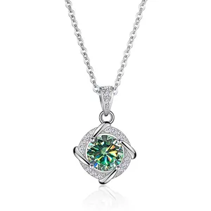 Elegant S925 sterling silver necklace with a square twisted halo and green moissanite pendant
