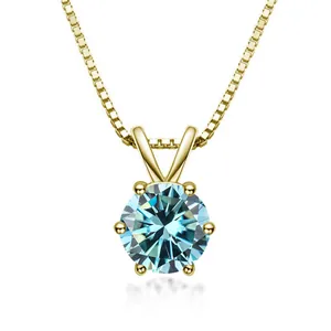 Collana in argento S925 dorato con moissanite azzurra incastonata in sei griffe classiche