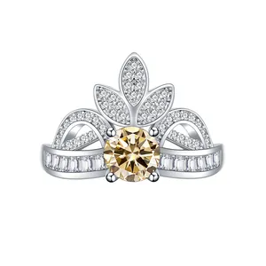 Macro view of crown ring with champagne moissanite and pave stones in 925 silver