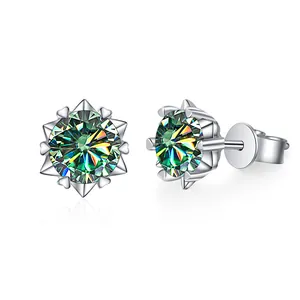 Sparkling S925 sterling silver snowflake stud earrings with round cut moissanite stones