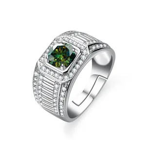 Men's S925 sterling silver ring featuring a large green moissanite center stone and pavé accents