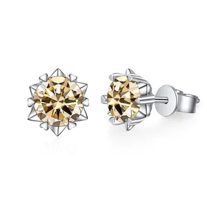 S925 silver champagne moissanite earrings with snowflake heart-shaped six-prong setting