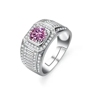 Men's S925 silver ring featuring a pink moissanite stone and adjustable band