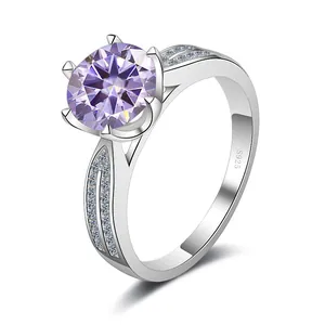 Detailed side view of S925 silver ring with 1ct purple gemstone and hollow pavé band