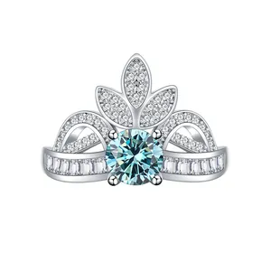 Elegant 925 silver crown ring with a 1-carat sky blue moissanite center stone