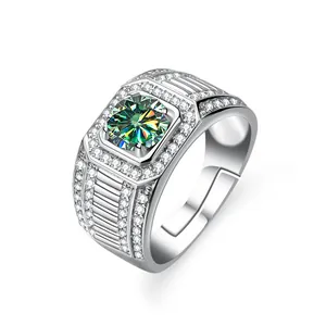 Adjustable S925 sterling silver ring for men with green round moissanite and pave accents