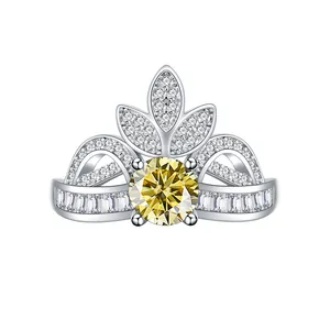 Elegant 925 silver crown ring with 1 carat round yellow moissanite and pave accents