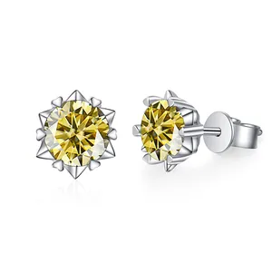 Sunflower silver studs with yellow moissanite center and heart-shaped six-claw setting