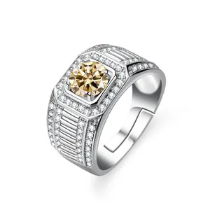 Adjustable S925 sterling silver men's ring with round champagne moissanite stone