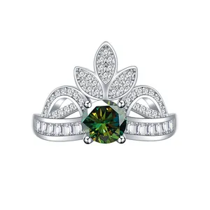 925 sterling silver crown ring with 1ct green moissanite gemstone and pave diamonds