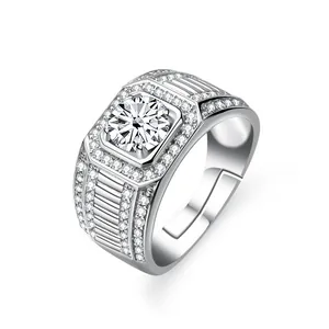 Macro detail of men's S925 sterling silver ring with round moissanite and grooved band