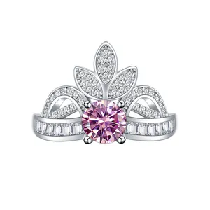 925 silver crown ring with 1ct pink moissanite and baguette-cut white diamonds