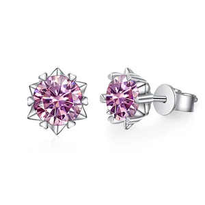 Sparkling S925 sterling silver snowflake earrings with pink moissanite stones