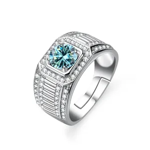 Detailed close-up of S925 sterling silver ring with blue moissanite and square setting