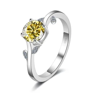 Δαχτυλίδι από ασήμι S925 με κίτρινο moissanite 1ct και κομψό σχέδιο φύλλων