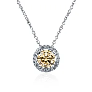 Classic 925 sterling silver round pendant necklace with champagne moissanite and halo stones