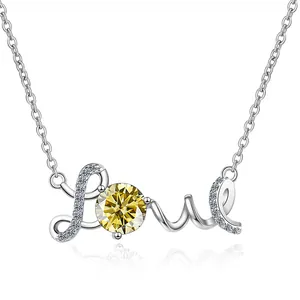 S925 silver Love necklace with round yellow moissanite pendant on silver chain