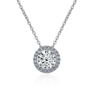 Macro detail of round halo pendant necklace with brilliant cut moissanite and S925 silver