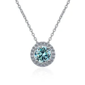 Classic 925 sterling silver halo necklace with round blue moissanite pendant on white background