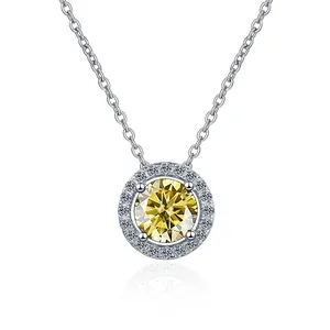 Macro shot of 925 sterling silver necklace featuring a round halo yellow moissanite pendant