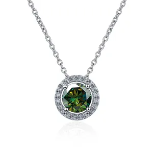 Classic 925 sterling silver halo necklace featuring a deep green round moissanite stone