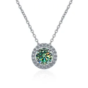 Elegant 925 sterling silver halo necklace featuring a sparkling green moissanite pendant