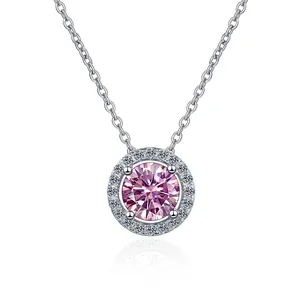 Classic S925 sterling silver necklace with pink moissanite pendant in halo setting
