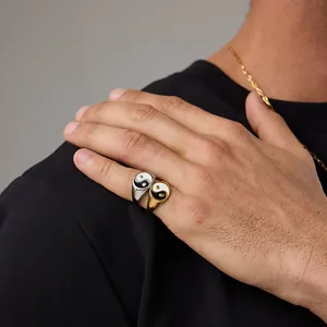Classic Yin Yang Tai Chi rings for men in polished gold and silver stainless steel