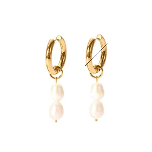 14K gold plated stainless steel hoop earrings with natural freshwater pearls for women