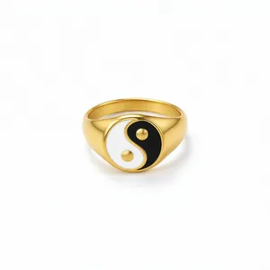 Golden stainless steel signet ring featuring a black and white Tai Chi Yin Yang symbol