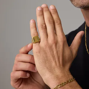 Close-up of polished 18K gold-plated signet ring worn by a model with gold jewelry