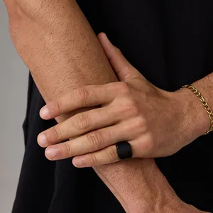 Men's matte black square signet ring in 316L stainless steel with a minimalist design